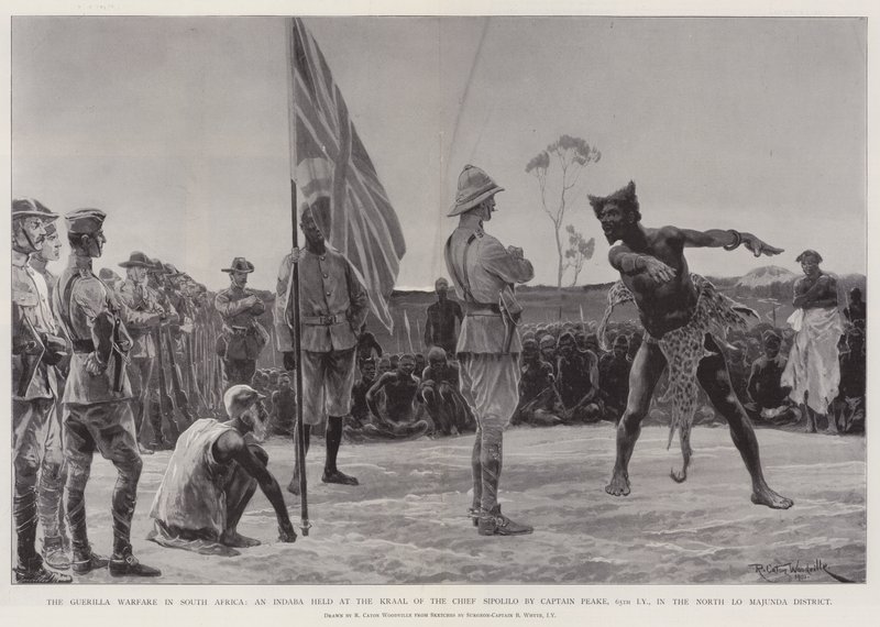 A gerillaháború Dél-Afrikában, egy Indaba, amelyet Peake kapitány, a 65. birodalmi Yeomanry kapitány tartott a Sipolilo főnök Kraaljában, az északi Lo Majunda körzetben alkotó: Richard Caton Woodville junior