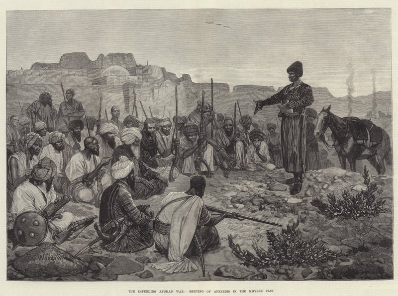 A közelgő afgán háború, Afreedis találkozása a Khyber-hágóban alkotó: Richard Caton Woodville junior