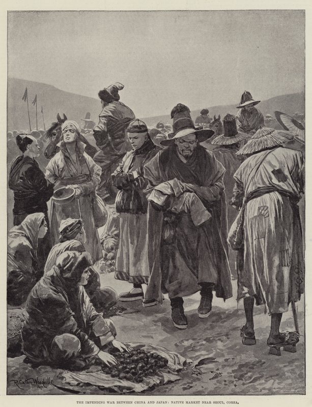 A közelgő háború Kína és Japán között, natív piac Szöul közelében, Korea alkotó: Richard Caton Woodville junior