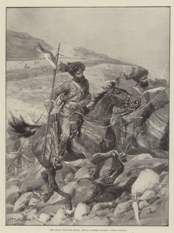 Az Indian Frontier Rising, Bengal Lancers meredek pozíciót tölt be alkotó: Richard Caton Woodville junior