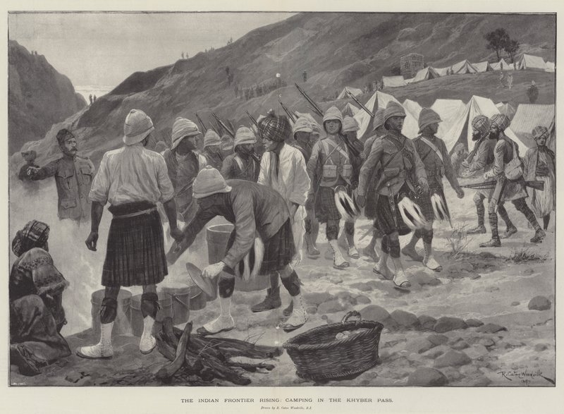 The Indian Frontier Rising, táborozás a Khyber-hágóban alkotó: Richard Caton Woodville junior