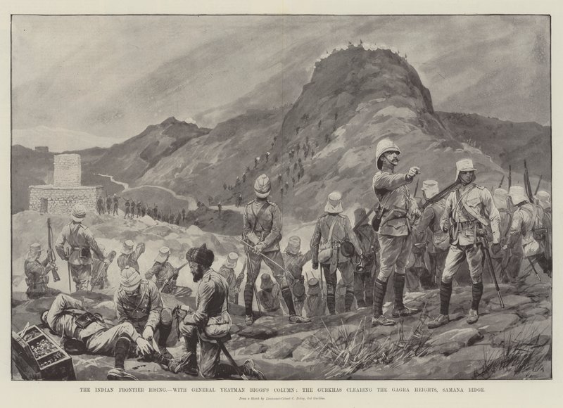 Az indiai határ felemelkedése, Yeatman Biggs tábornok oszlopa, a gurkhák a Gagra-hegység megtisztításával, Samana Ridge alkotó: Richard Caton Woodville junior