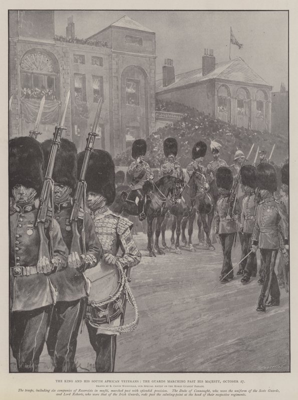 A király és dél-afrikai veteránjai, a gárdisták Őfelsége mellett, október 27. alkotó: Richard Caton Woodville junior