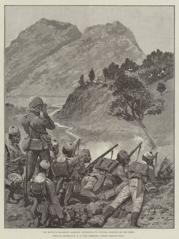 A Manipur Residency Garrison, visszavonulva Silcharba, harcol az úton alkotó: Richard Caton Woodville junior