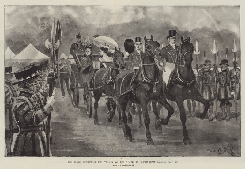 A királynő a Gárda Yeomenjét vizsgálja a Buckingham-palotában, június 23-án alkotó: Richard Caton Woodville junior