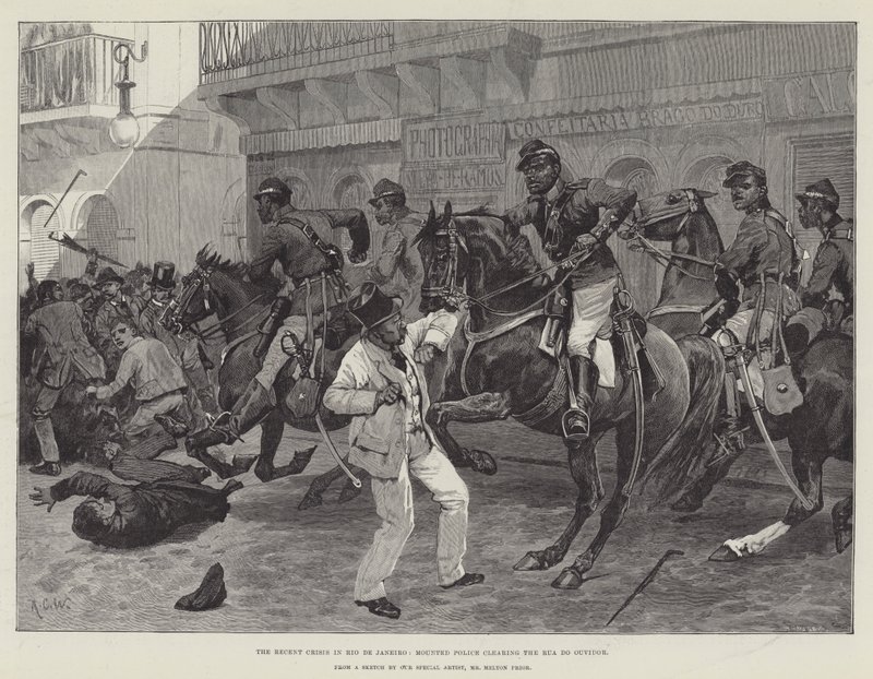 A közelmúltbeli válság Rio de Janeiróban, a lovasrendőrség megtisztítja a Rua do Ouvidort alkotó: Richard Caton Woodville junior