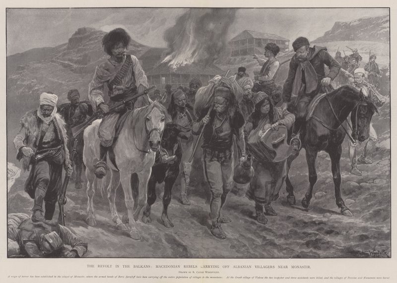 A balkáni lázadás, a macedón lázadók elhurcolják az albán falu lakóit Monastir közelében alkotó: Richard Caton Woodville junior