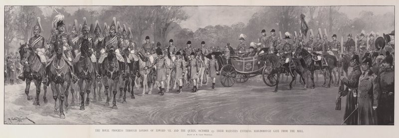 VII. Edward és a királynő királyi haladása Londonon keresztül, október 25., Felségeik belépnek a Marlborough Gate-be a bevásárlóközpontból alkotó: Richard Caton Woodville junior