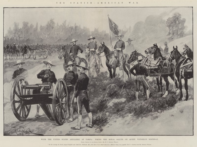 A spanyol-amerikai háború, az Egyesült Államok tüzérsége Tampánál, királyi tisztelgésben Viktória királynő születésnapján alkotó: Richard Caton Woodville junior