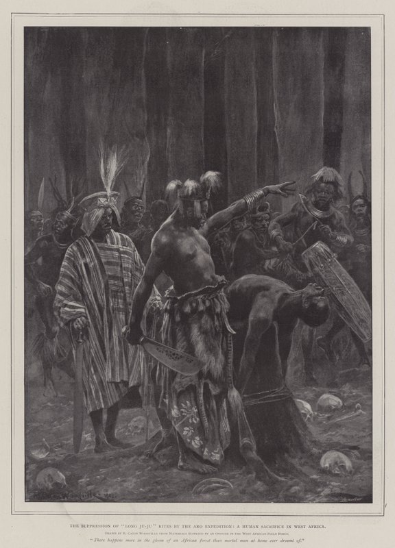 A hosszú ju-ju rítusok elnyomása az Aro-expedíció által, egy emberáldozat Nyugat-Afrikában alkotó: Richard Caton Woodville junior
