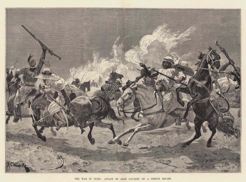 A tuniszi háború, arab lovasság támadása egy francia téren alkotó: Richard Caton Woodville junior