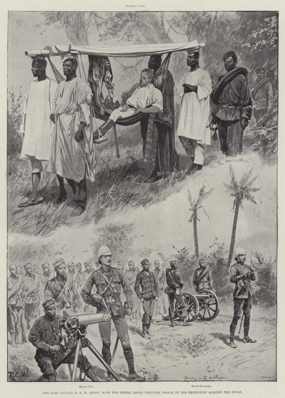 A néhai E A W Lendy kapitány a Sierra Leone-i határrendőrséggel a kanapék elleni expedícióban alkotó: Richard Caton Woodville junior