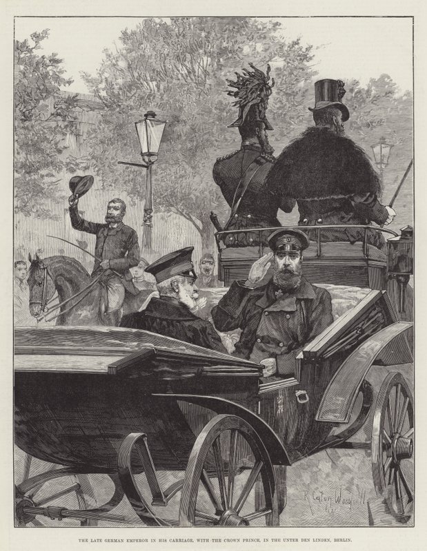 A néhai német császár a hintóján a koronaherceggel a berlini Unter den Lindenben alkotó: Richard Caton Woodville junior