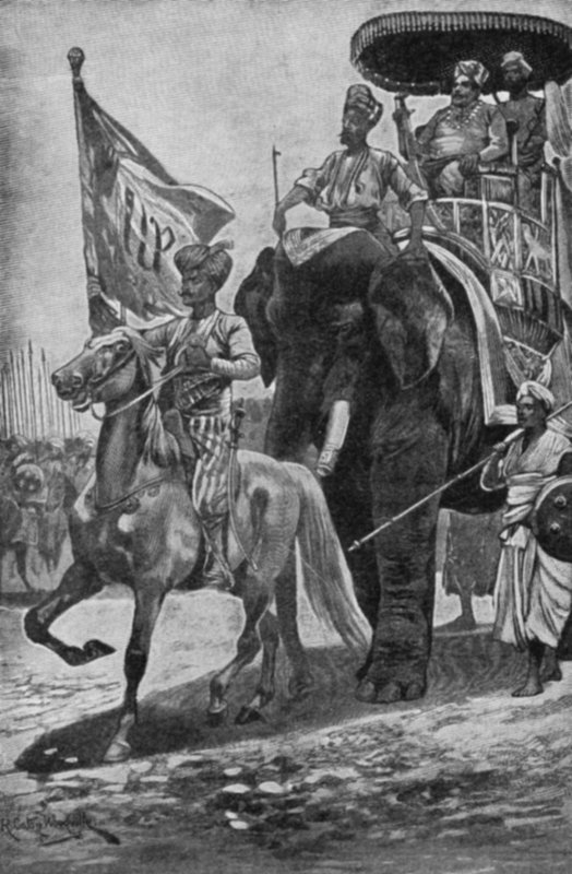 Surajah-Dowlah egy elefánton ülve készül találkozni Robert Clive-vel a Plassey-n alkotó: Richard Caton II Woodville
