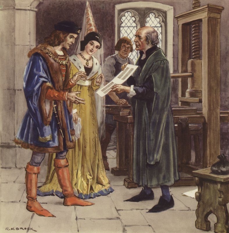 William Caxton egy nyomtatott oldalt mutat IV. Edwardnak és királynőjének alkotó: Richard Henry Brock