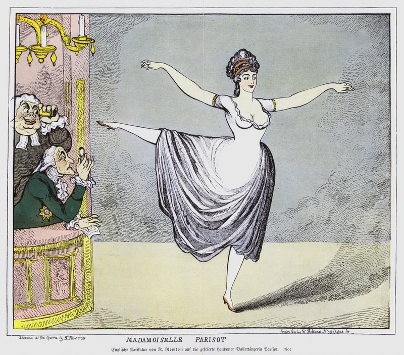 Angol rajzfilm, amely a közönség férfitagjait ábrázolja, akiket elbűvölt a vitatott francia balerina Mademoiselle Parisot előadása, 1802 alkotó: Richard Newton