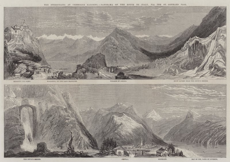 A Stereoráma a Cremorne Gardensben, az Olaszországba vezető út panorámája a St Gothard-hágón keresztül alkotó: Richard Principal Leitch
