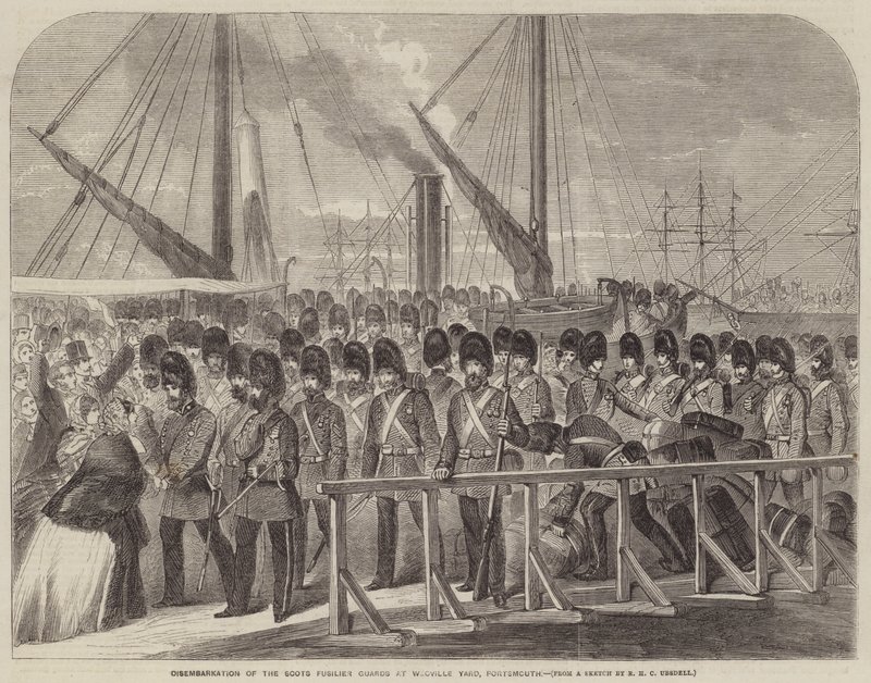 A Scots Fusilier gárdák kiszállása a Weoville Yardban, Portsmouth alkotó: Richard Ubsdell