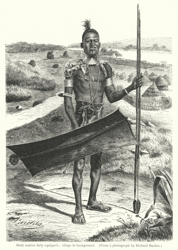 Shuli harcos teljesen felszerelt; falu a háttérben (metszet) alkotó: Richard (after) Buchta