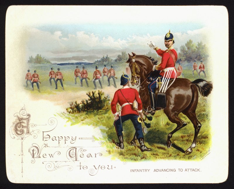 Támadásra törő gyalogság, újévi üdvözlőlap (chromolitho) alkotó: Richard (after) Simkin