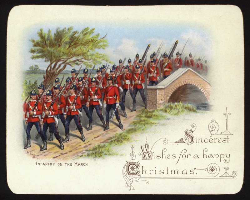 Gyalogság menet közben, karácsonyi üdvözlőlap (chromolitho) alkotó: Richard (after) Simkin