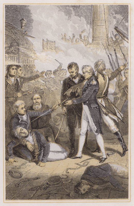 Nelson átveszi a spanyol admirális kardját (színes metszet) alkotó: Richard (after) Westall