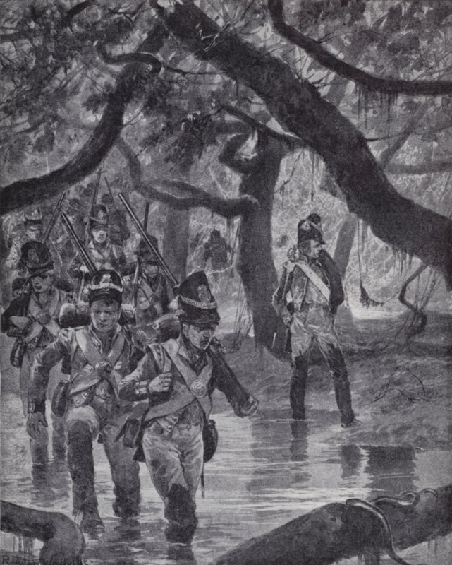 Brit katonák átkelnek az Essequibo folyó mocsarain Brit Guyanában alkotó: Richard Caton II (after) Woodville