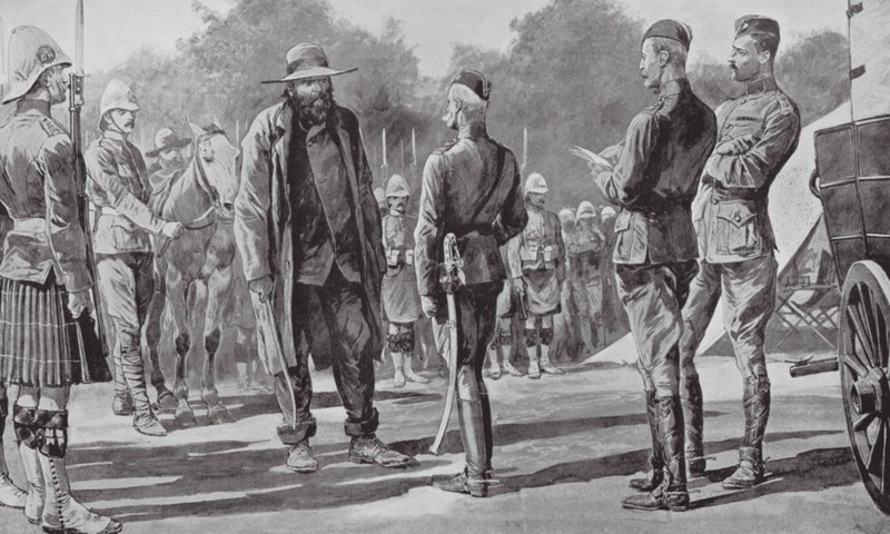 Cronje parancsnok megadja magát Lord Robertsnek (litho) alkotó: Richard Caton II (after) Woodville