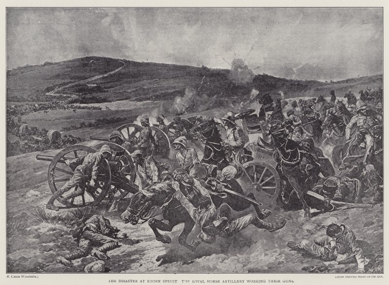 A Koorn Spruit-i katasztrófa, a Királyi Ló Tüzérség fegyverei (litho) alkotó: Richard Caton II (after) Woodville