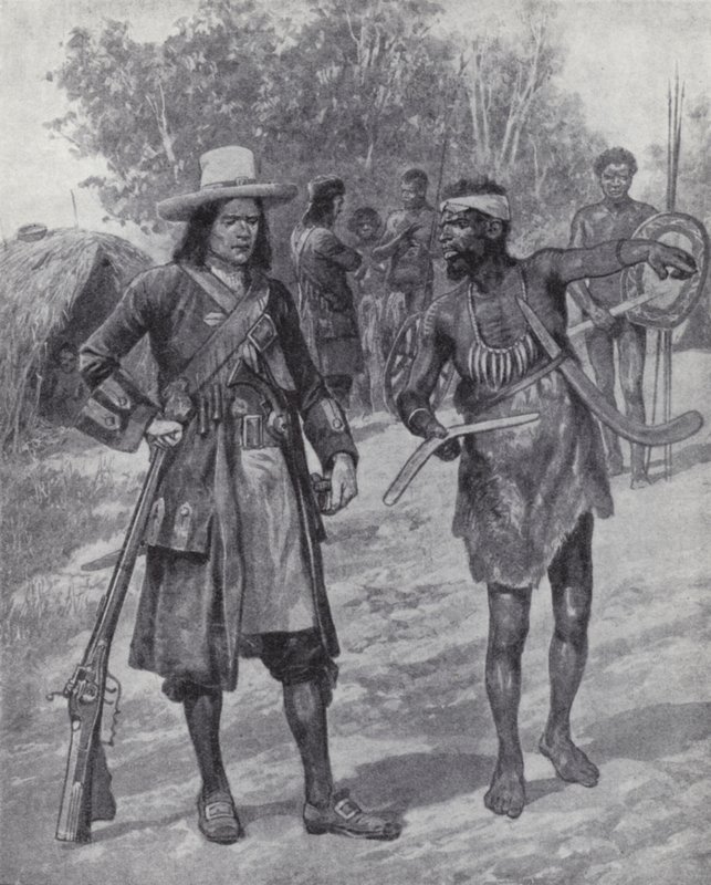 William Dampier egy bennszülött emberrel Ausztrália felfedezése során, a 17. század végén (litho) alkotó: Richard Caton II (after) Woodville
