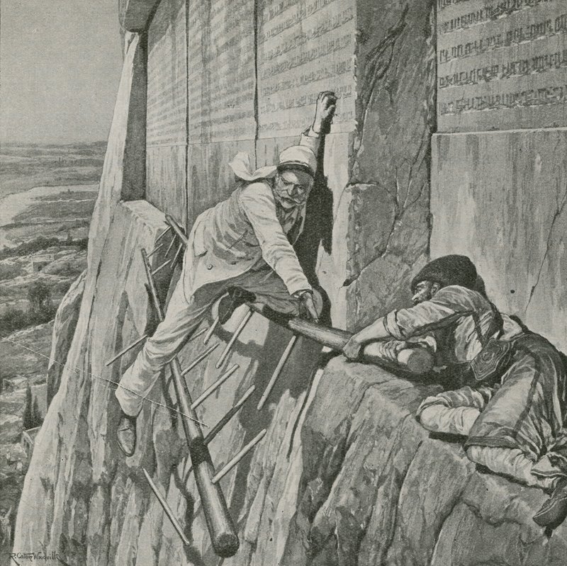 Sir Henry Rawlinson szűk menekülése a Behistun sziklánál alkotó: Richard Caton Woodville junior