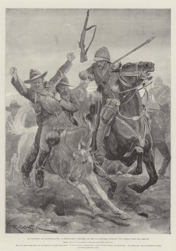 Egy incidens Elandslaagte-nál, az 5. Lancers állatorvos tizedesénél, két búrt egy lökéssel lándzsázva alkotó: Richard Caton Woodville junior