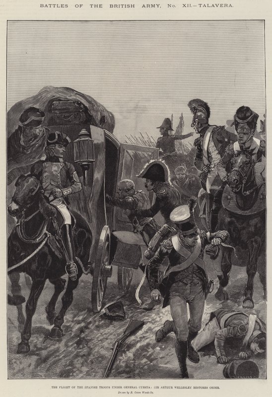 A brit hadsereg csatái, Talavera, a spanyol csapatok repülése Cuesta tábornok vezetésével, Sir Arthur Wellesley helyreállítja a rendet alkotó: Richard Caton Woodville junior