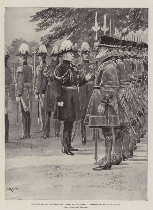 VII. Edward király június 25-én a Marlborough House-ban vizsgálja meg az Őrség Yeomenjét alkotó: Richard Caton Woodville junior