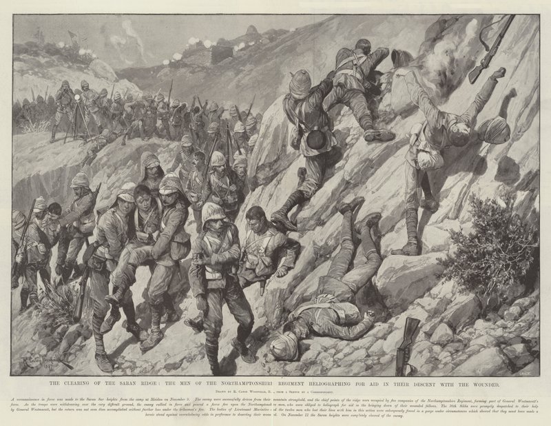 A Saran Ridge tisztása, a Northamptonshire-i ezred emberei, akik helikopteres segélynyújtásért dolgoznak a sebesültekkel való leszállás során alkotó: Richard Caton Woodville junior