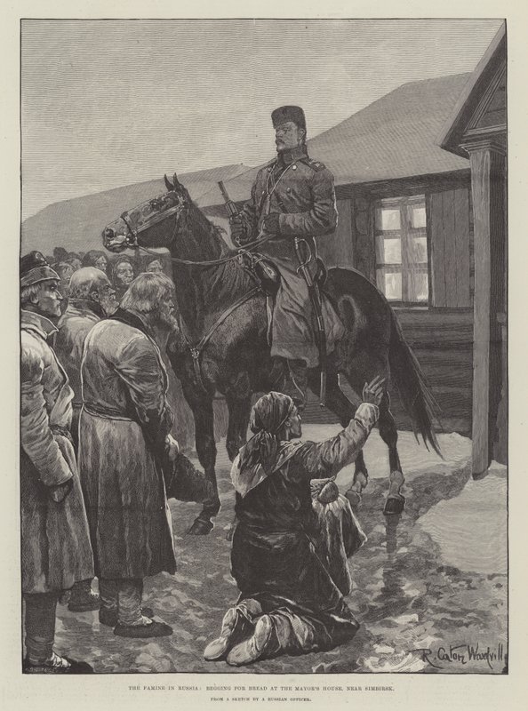 Az oroszországi éhínség, kenyérért koldulás a polgármester házánál, Szimbirszk mellett alkotó: Richard Caton Woodville junior