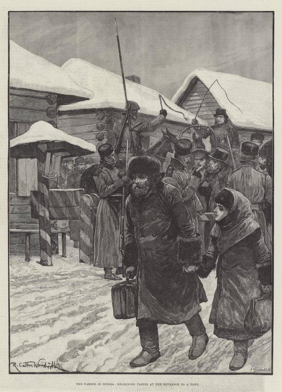 Az oroszországi éhínség, a város bejáratánál átjárók vizsgálata alkotó: Richard Caton Woodville junior