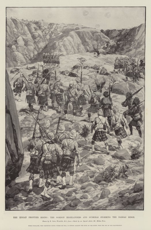 Az indiai határ felemelkedése, a gordoni hegyvidékiek és a gurkhák megrohamozzák a Dargai-gerincet alkotó: Richard Caton Woodville junior