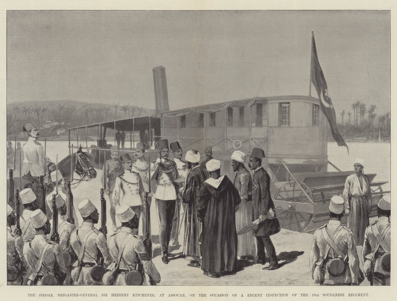 A Sirdar, Sir Herbert Kitchener dandártábornok, Assouanban, a 10. szudanai ezred legutóbbi ellenőrzése alkalmával alkotó: Richard Caton Woodville junior
