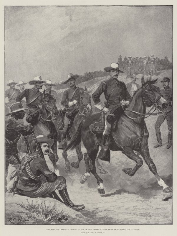 A spanyol-amerikai válság, az Egyesült Államok hadseregének típusai kampányegyenruhában alkotó: Richard Caton Woodville junior