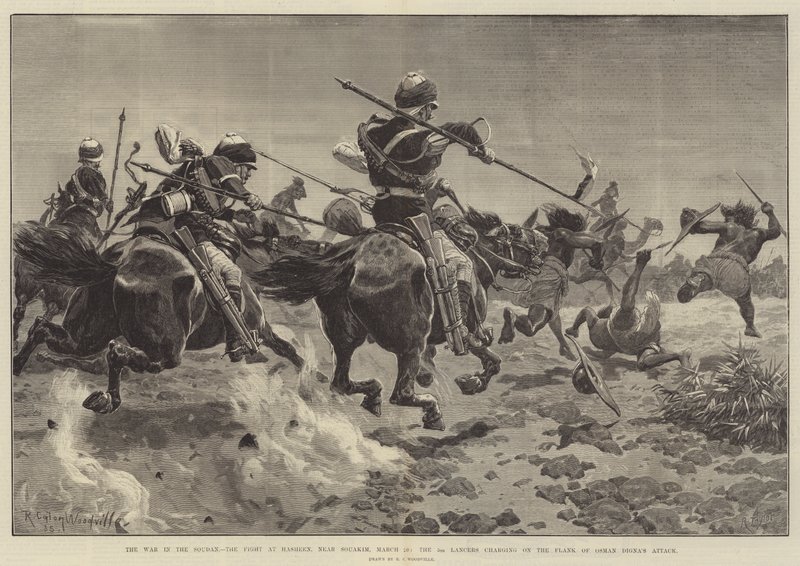 A szudáni háború, a harc Hasheen-nél, Souakim közelében, március 20-án, az 5. Lancers támadás Osman Digna támadásának szárnyán. alkotó: Richard Caton Woodville junior