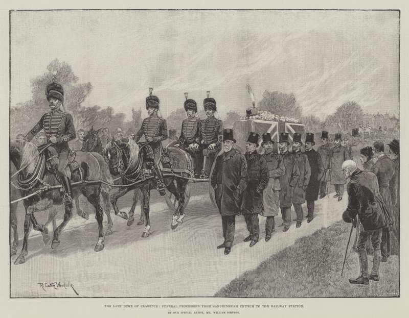 Clarence néhai hercege, temetési menet a Sandringham-templomtól a pályaudvarig alkotó: Richard Caton Woodville junior