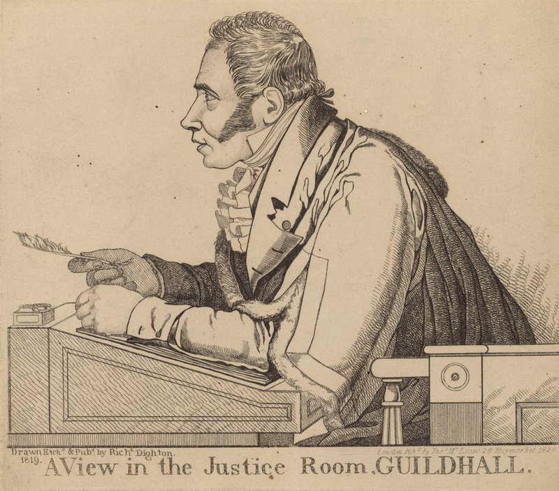 Sir Matthew Wood; Kilátás az Igazságügyi helyiségből, a Guildhallban alkotó: Richard Dighton
