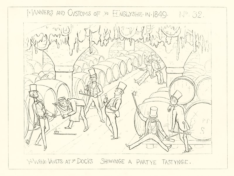 1849, A kikötői borpincék, partikóstolóval alkotó: Richard Doyle