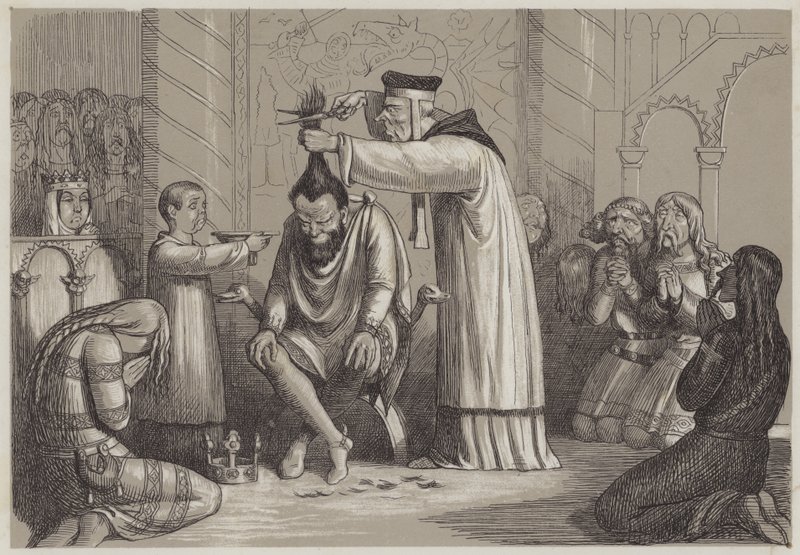 I. Henrik borbély bánásmódja, egy normann püspök (akvatinta) által alkotó: Richard Doyle