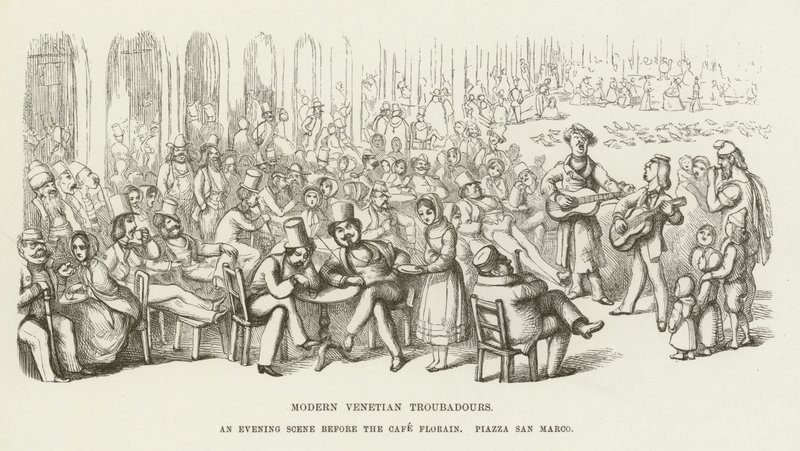 Modern velencei trubadúrok, esti jelenet a Cafe Florian, Piazza San Marco előtt alkotó: Richard Doyle