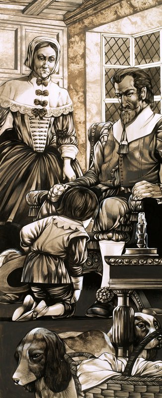 Egy 17. századi fiú térdel apja előtt bűnbánóan (gouache, papír) alkotó: Richard Hook