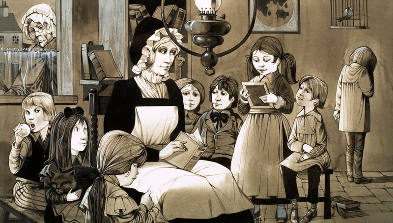 A "Dame School" az 1830-as évekből (gouache, papír) alkotó: Richard Hook