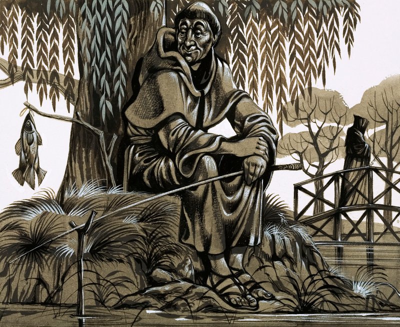 Egy boldognak tűnő szerzetes, aki a fazékba tesz egyet (gouache, papír) alkotó: Richard Hook