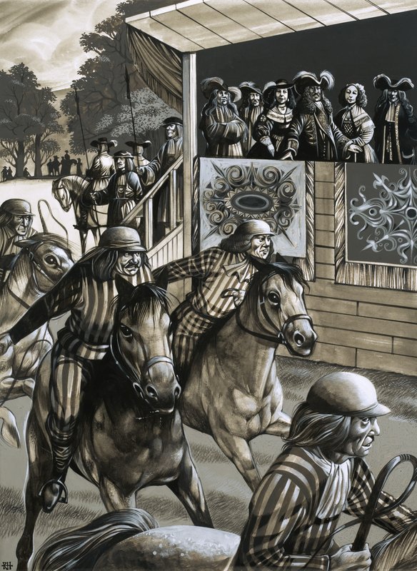 II. Károly és hölgyismerősei élvezik a Newmarket-i lóversenypályán töltött napot alkotó: Richard Hook
